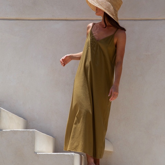 Jenni Kayne Dresses & Skirts - Jenni Kayne Riviera Slip Tank Dress, 100% Raw Silk Green / Brown, Boho Size XS